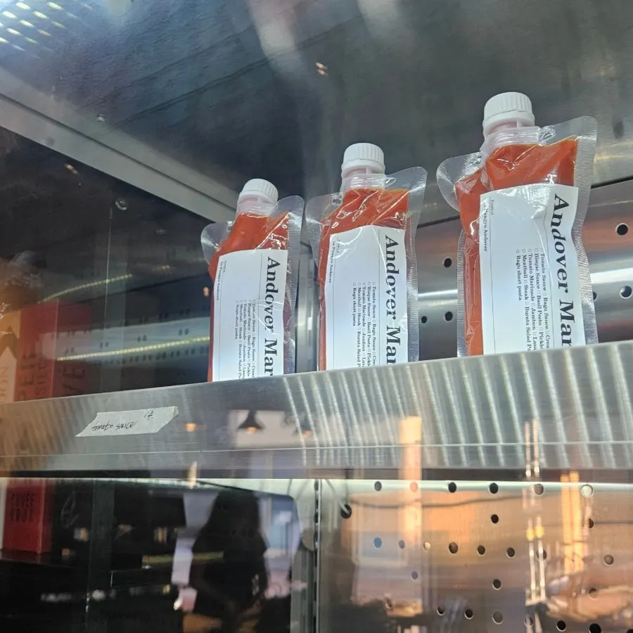 Display of sauces and ingredients made in-house at Andover
