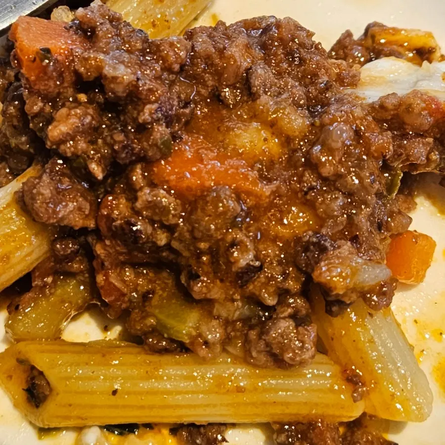 Short pasta piece coated in ragu sauce