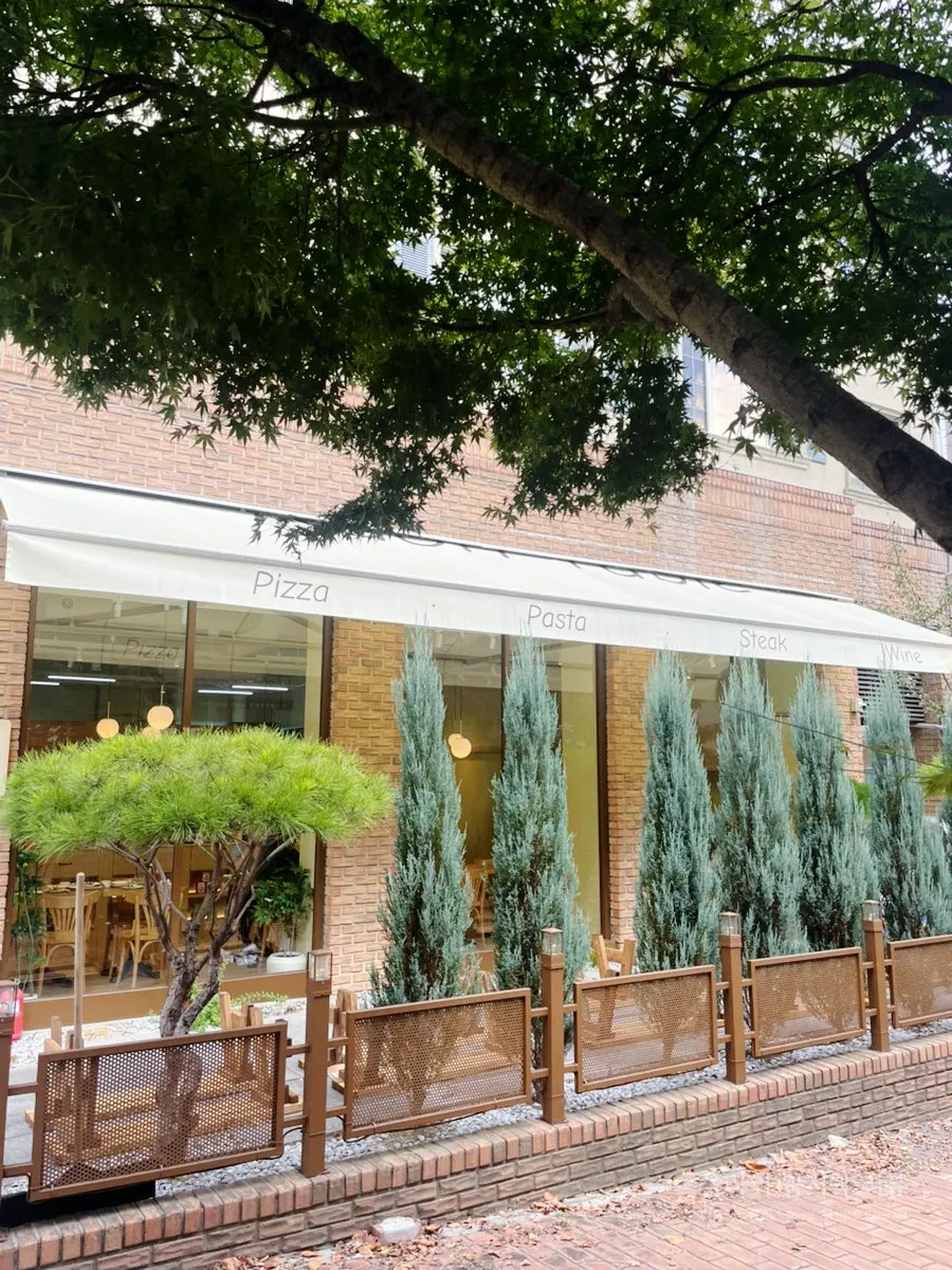 Tree-lined street view of Baekhyeon-dong café street in Pangyo
