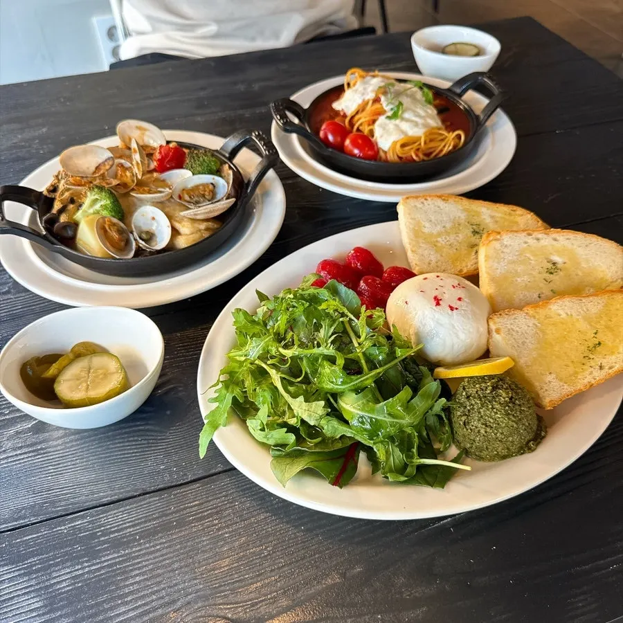 Three brunch dishes plated at Andover