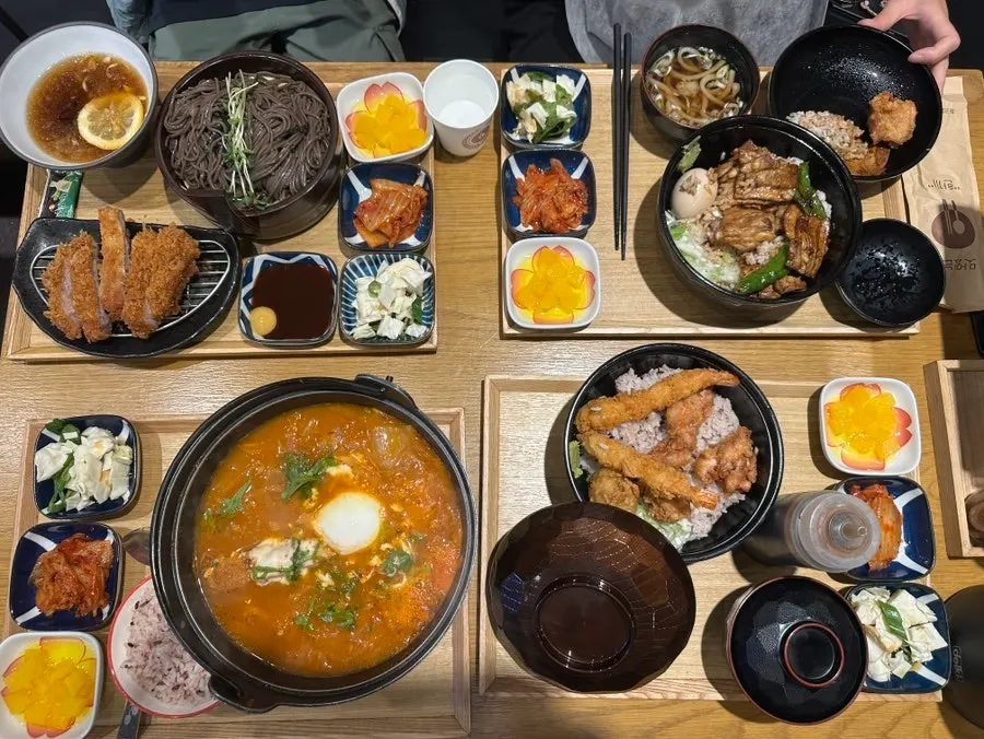 Table set with all four shared dishes