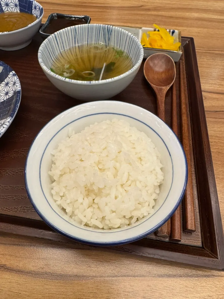 Hire katsu served with rice, soup, and salad