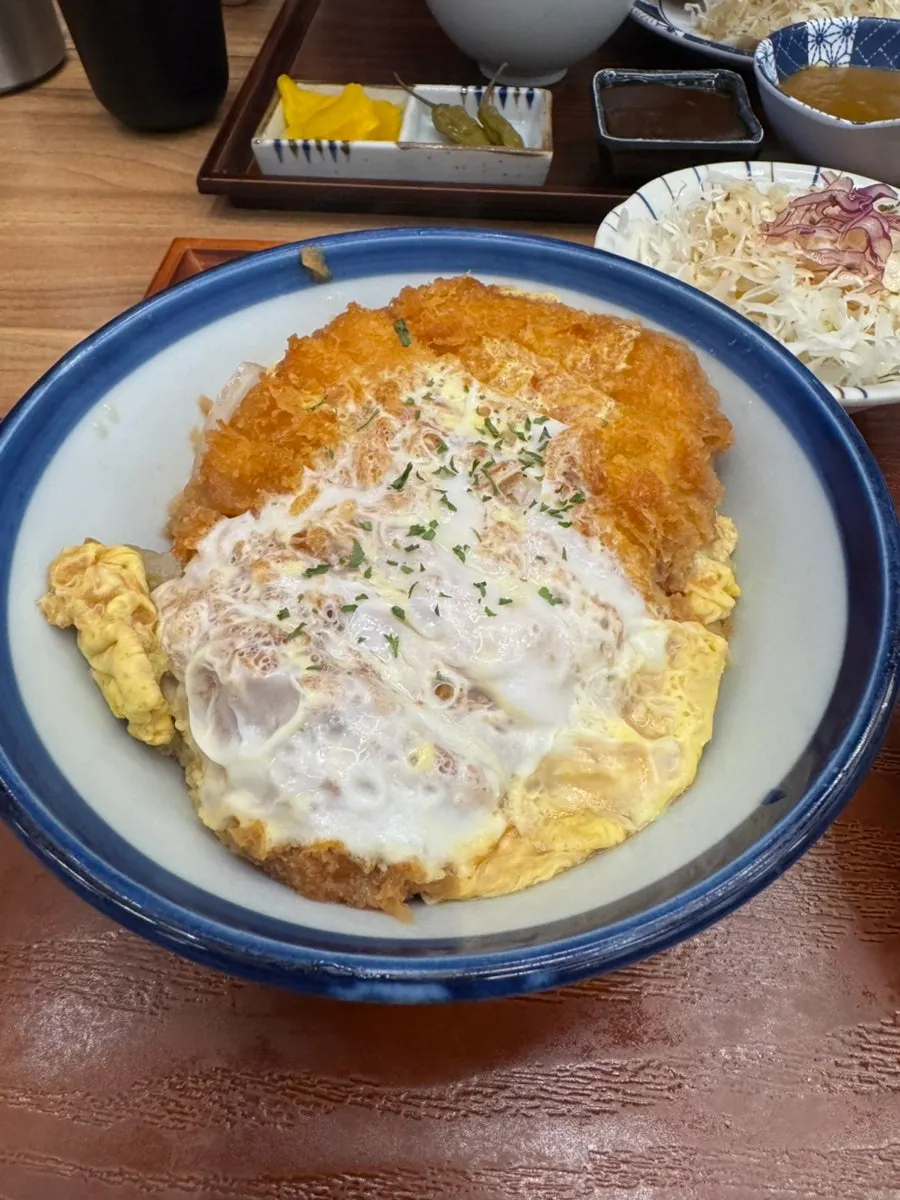Close-up of the loin katsu don topped with egg