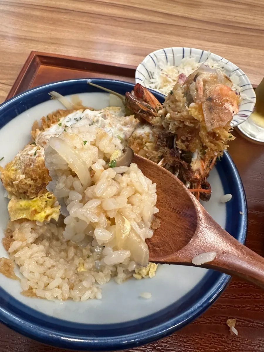 Katsu don rice mixed with onion, mushroom and egg