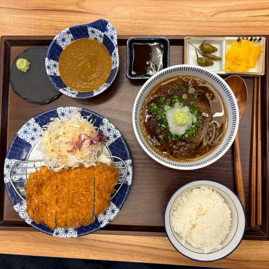 Golden-fried loin katsu set spread