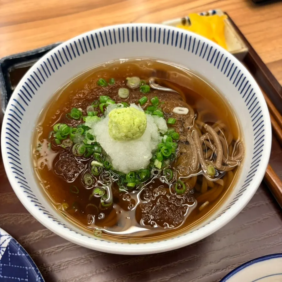 Soba topped with radish, scallion, and wasabi