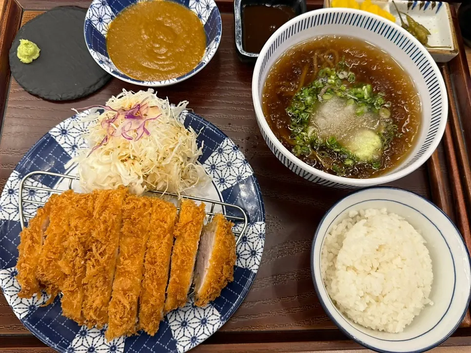 Loin katsu set served with mini soba and mini curry