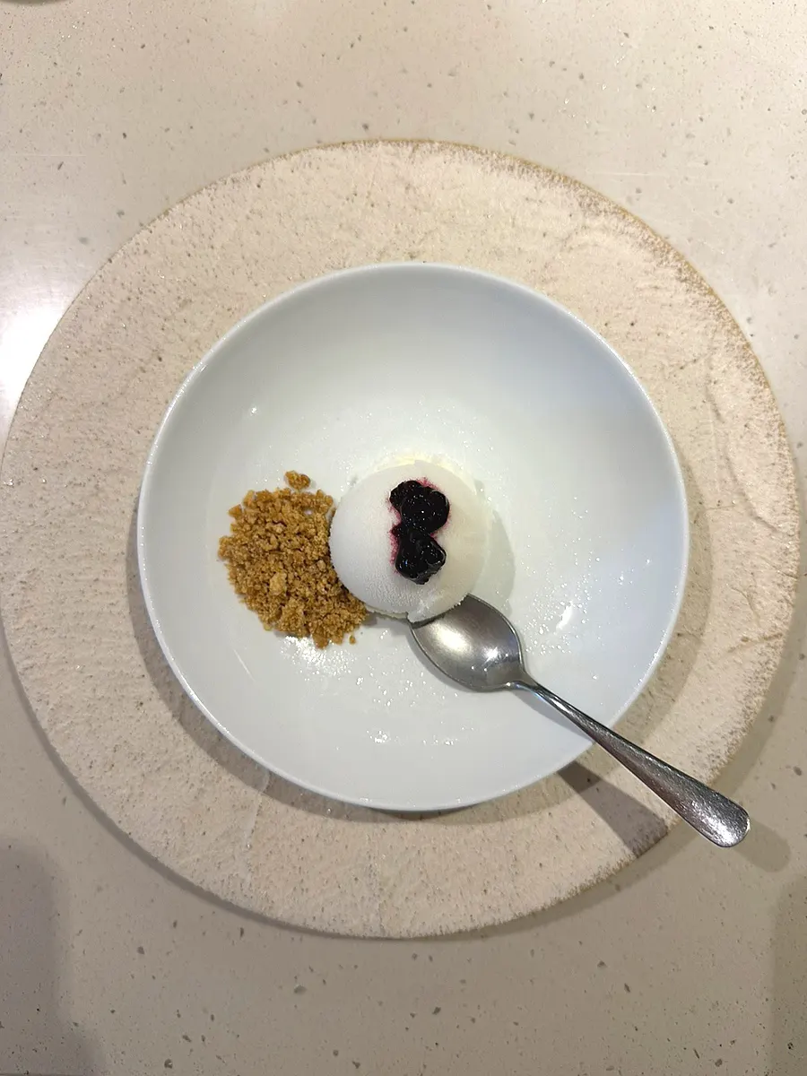 Yogurt ice cream topped with berry jam