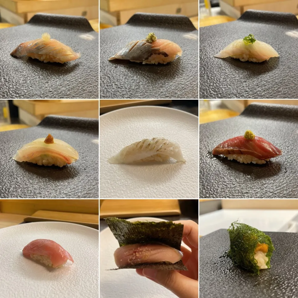 A piece of sushi paired with a variety of ingredients