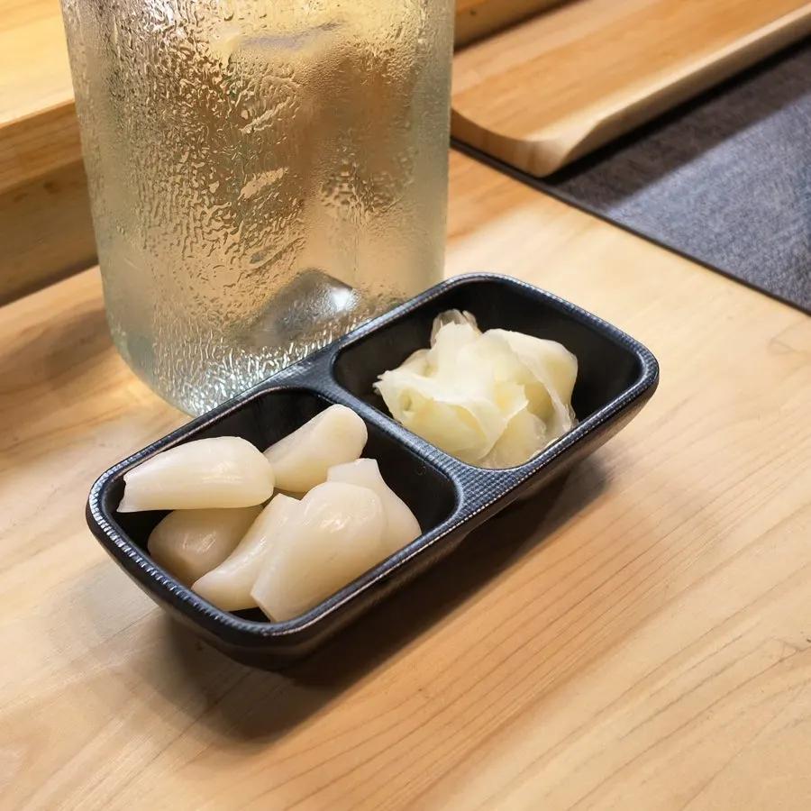 Basic setup of pickled radish, ginger, and miso soup