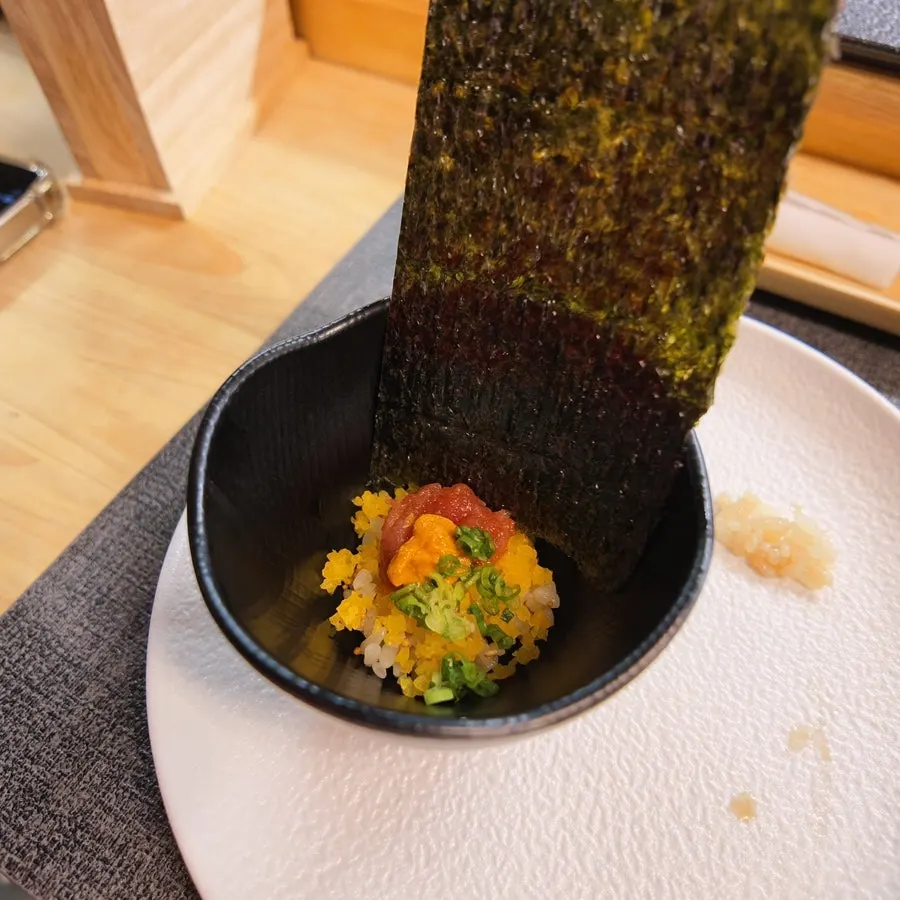 Smoked mejimaguro (young bluefin tuna) sushi