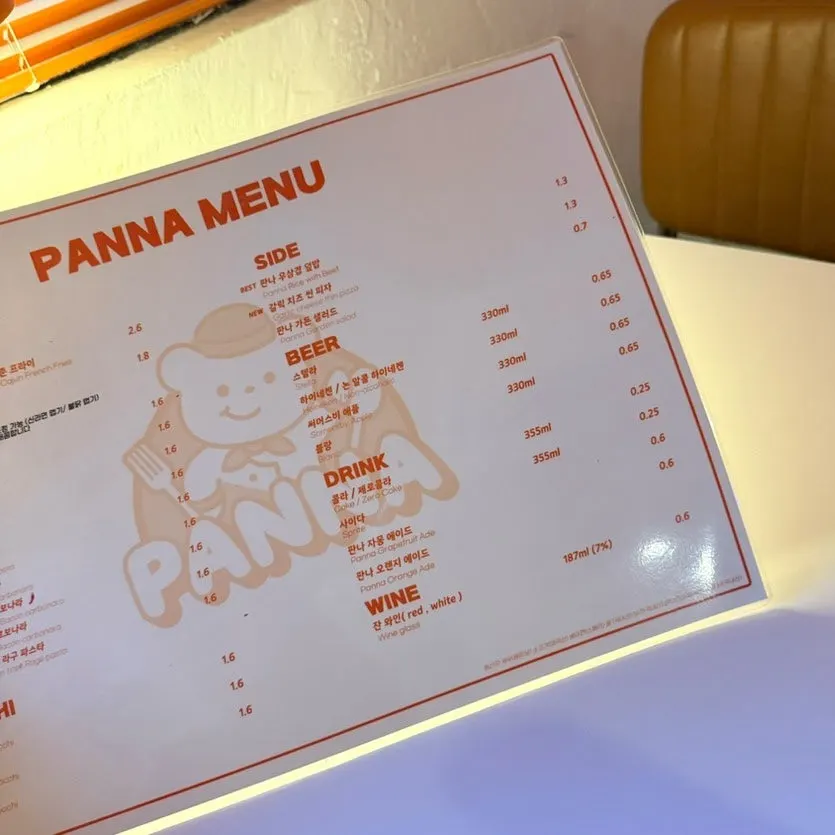 Menu board listing pasta and pizza options at Panna