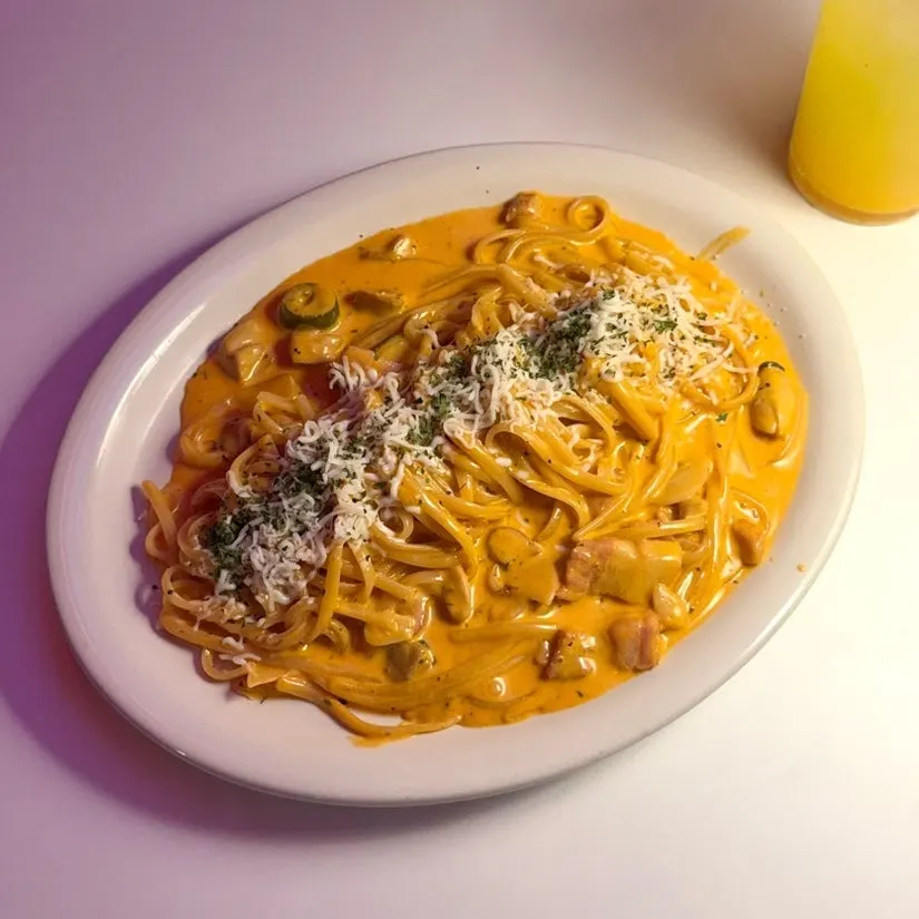 Thick, creamy fire noodle-based carbonara