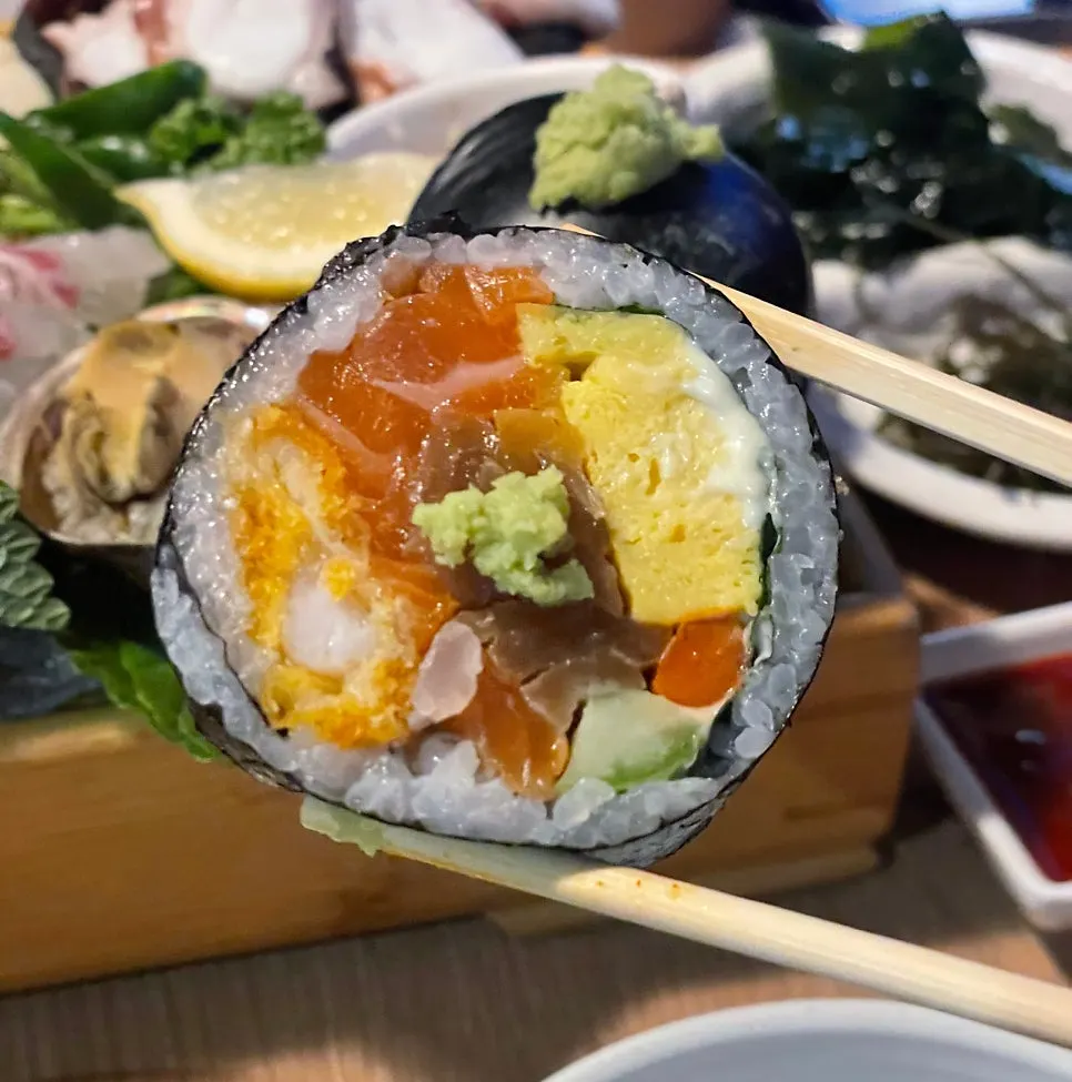 Cross-section of futomaki packed with fillings