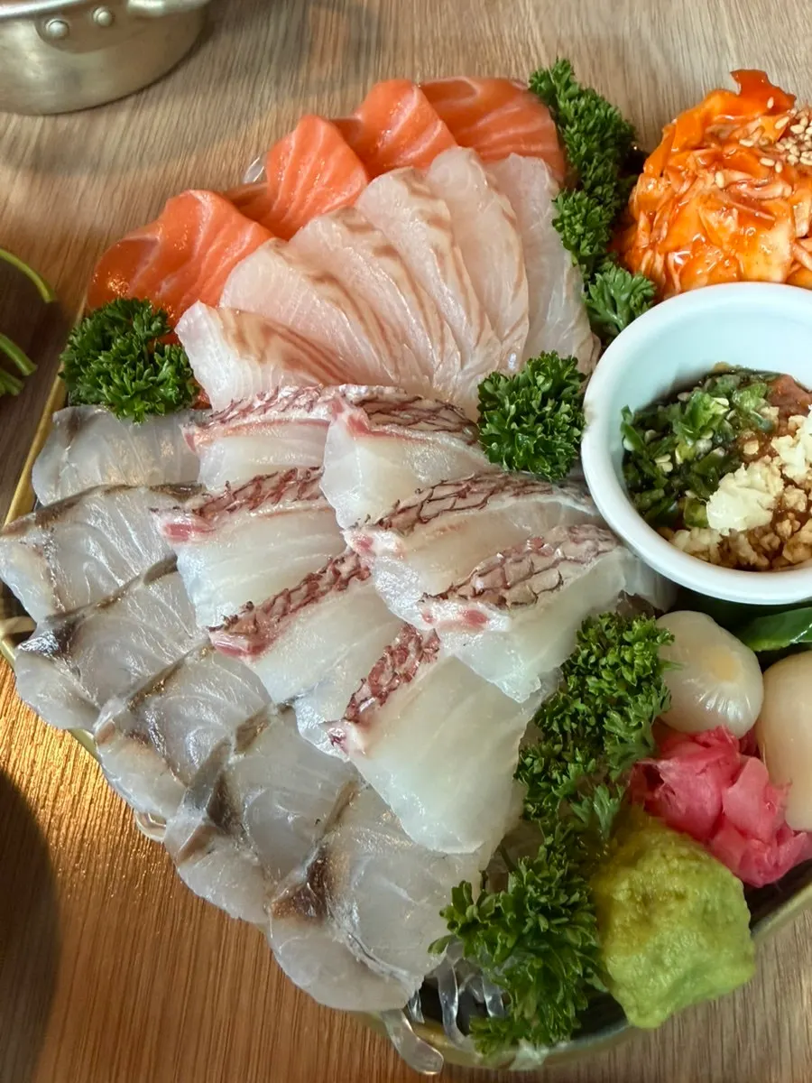 Close-up of thickly sliced aged sashimi platter