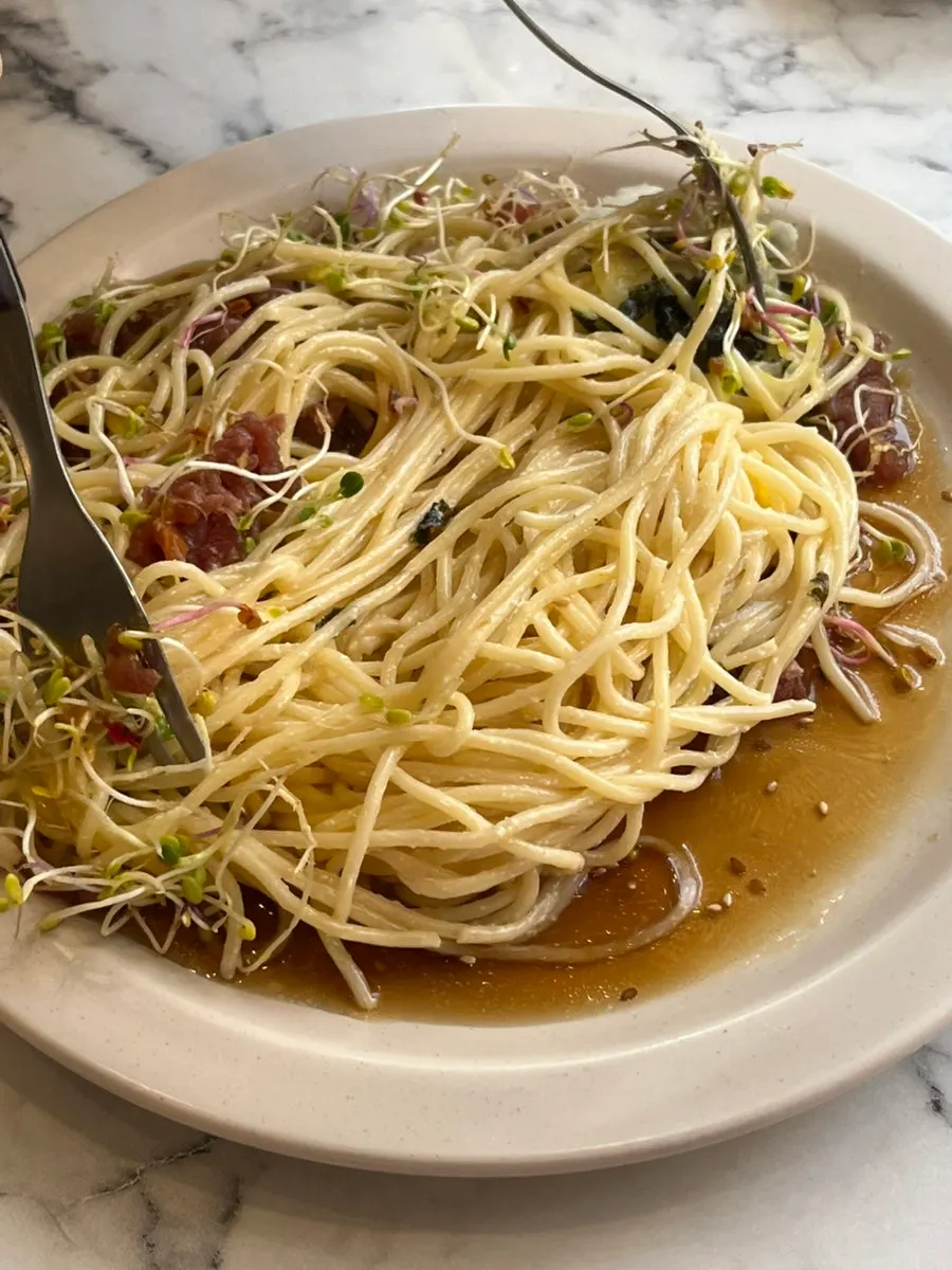 The perilla oil beef tartare cold pasta well mixed with sauce