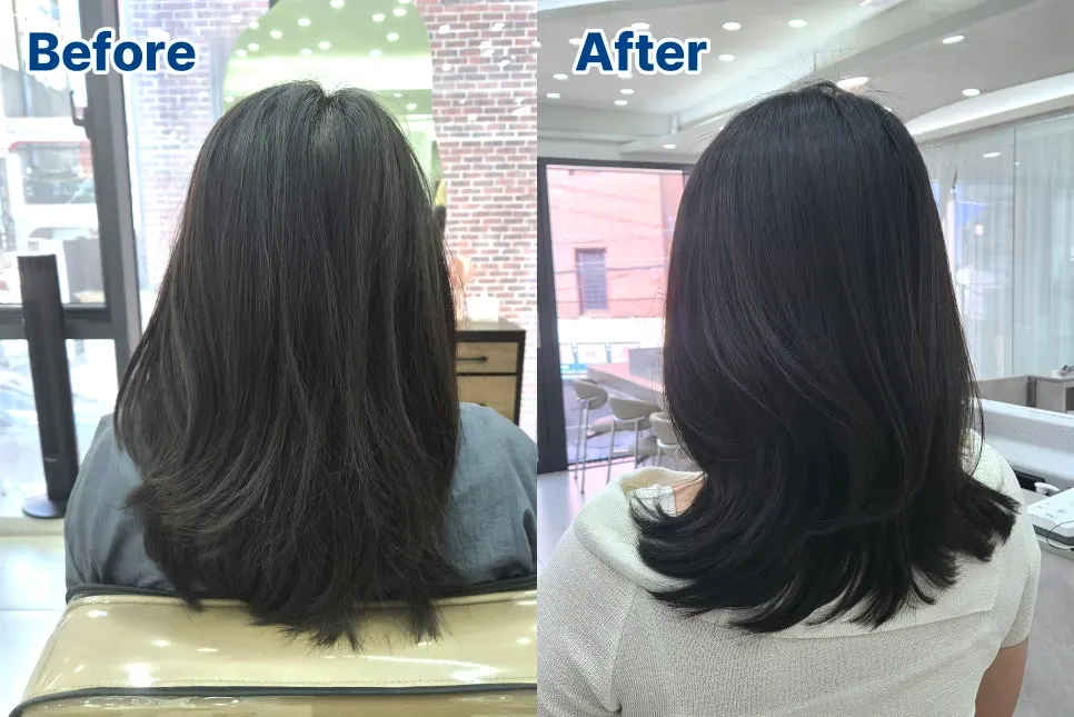 Before and after comparison of hair from the ribbon perm treatment