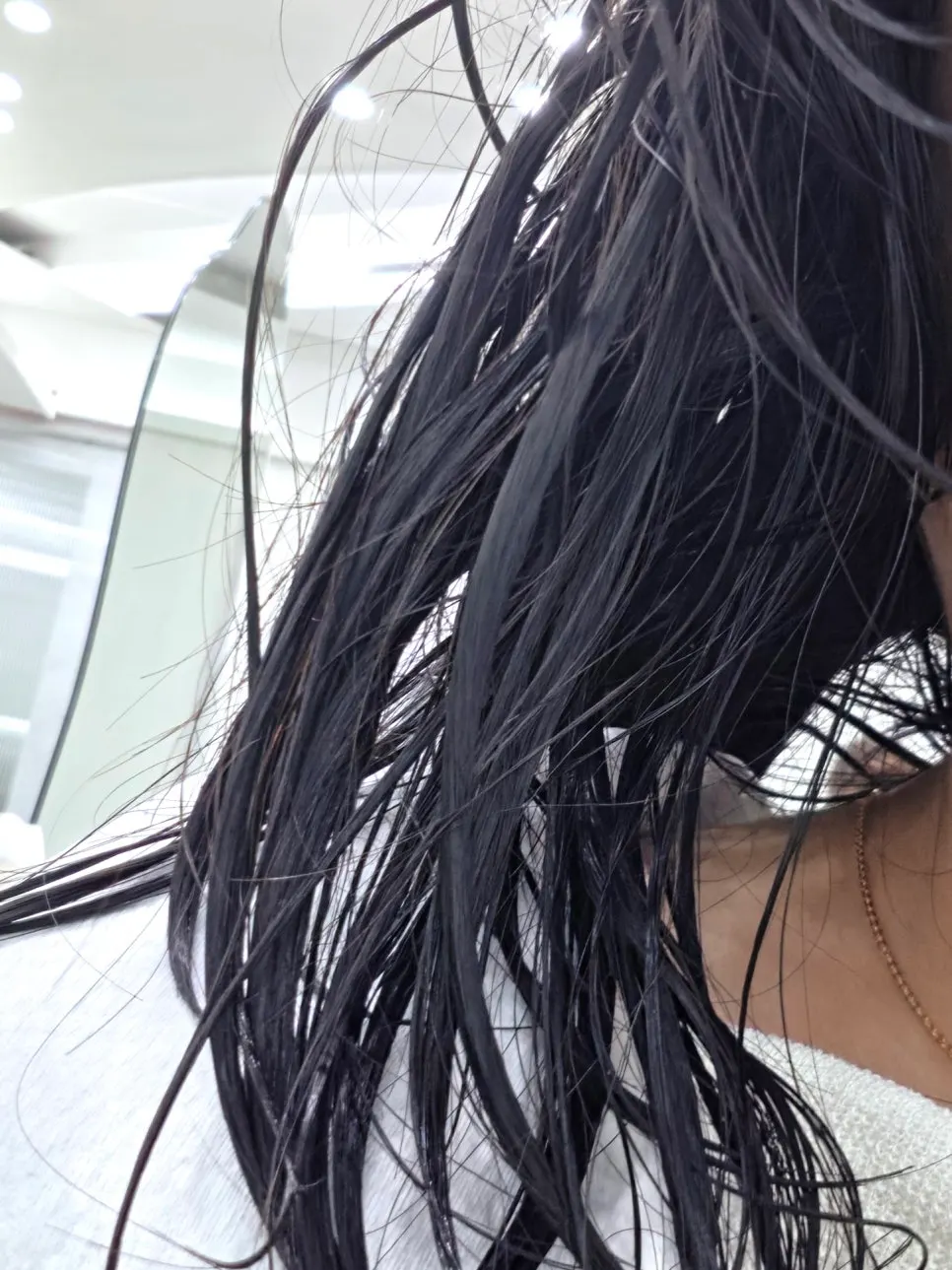 Hair showing damage after the shampoo step