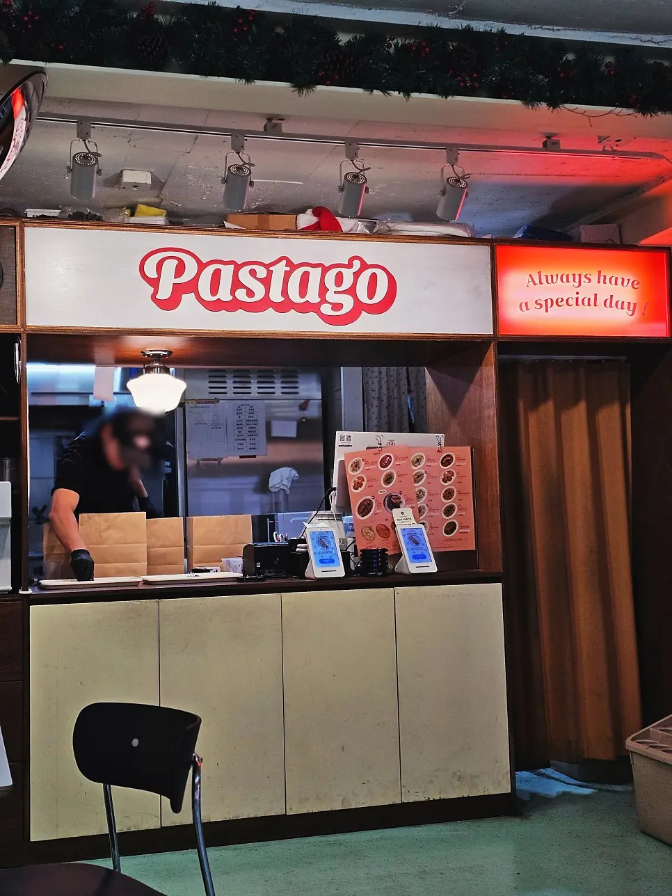 Kitchen visible from the dining hall at Pasta Go Hongdae Branch