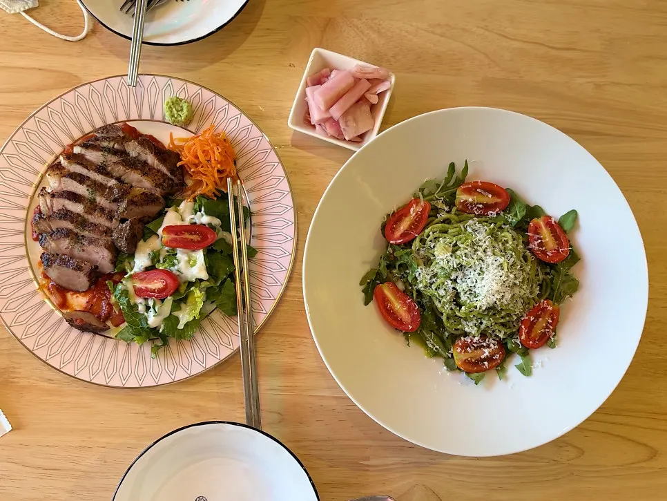 Sous vide steak served over tomato sauce
