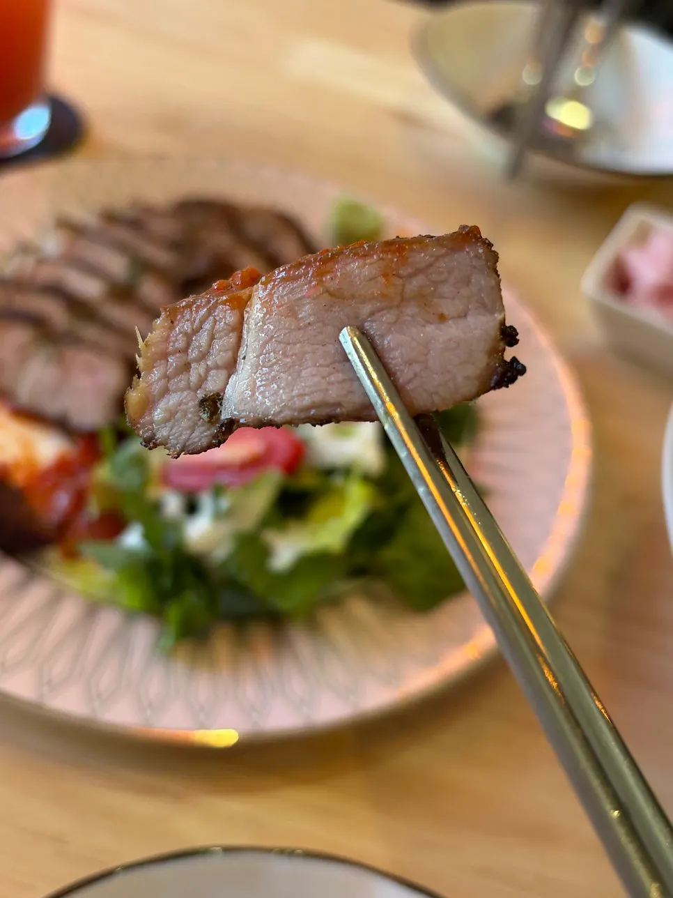 Cross-section of the sous vide steak showing its juices