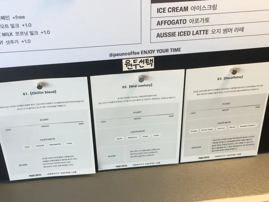 Board showing a choice of three coffee beans