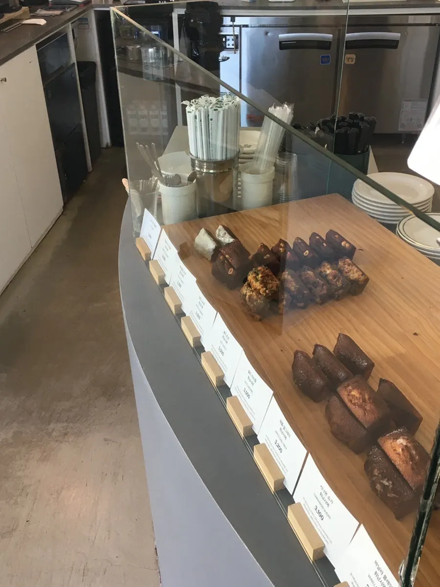 Baked goods displayed in the showcase