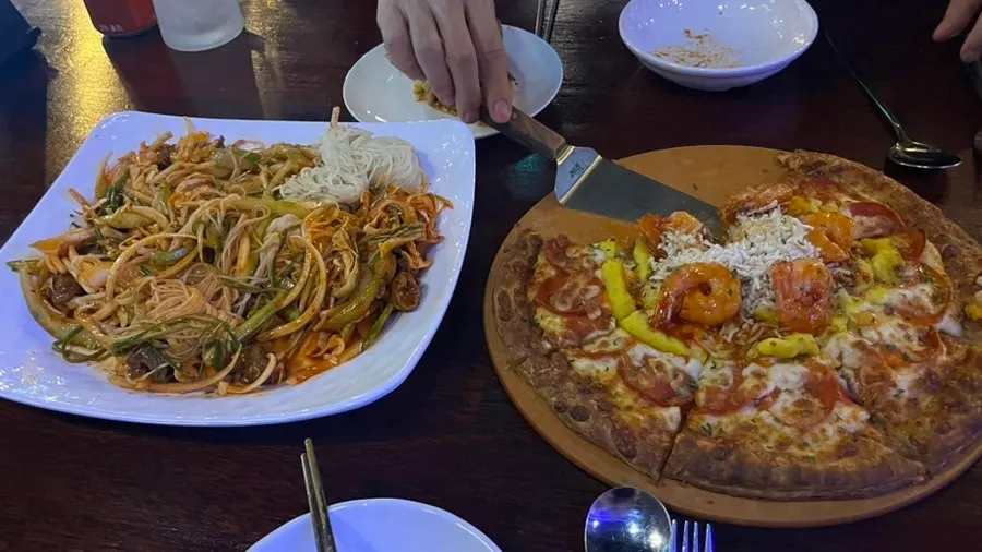 Ambrosia pastry pizza with sweet potato mousse