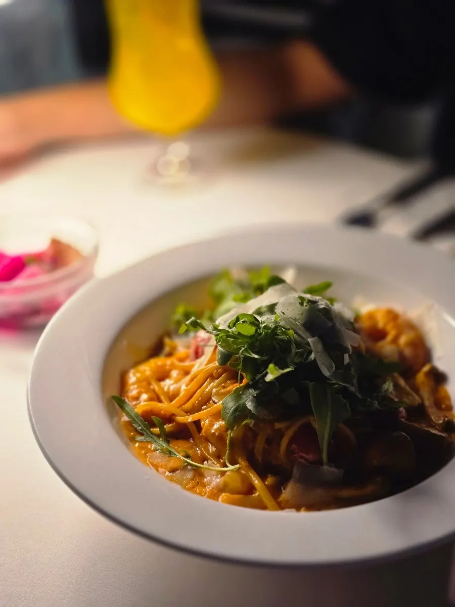 Close-up of shrimp hot rosé pasta noodles
