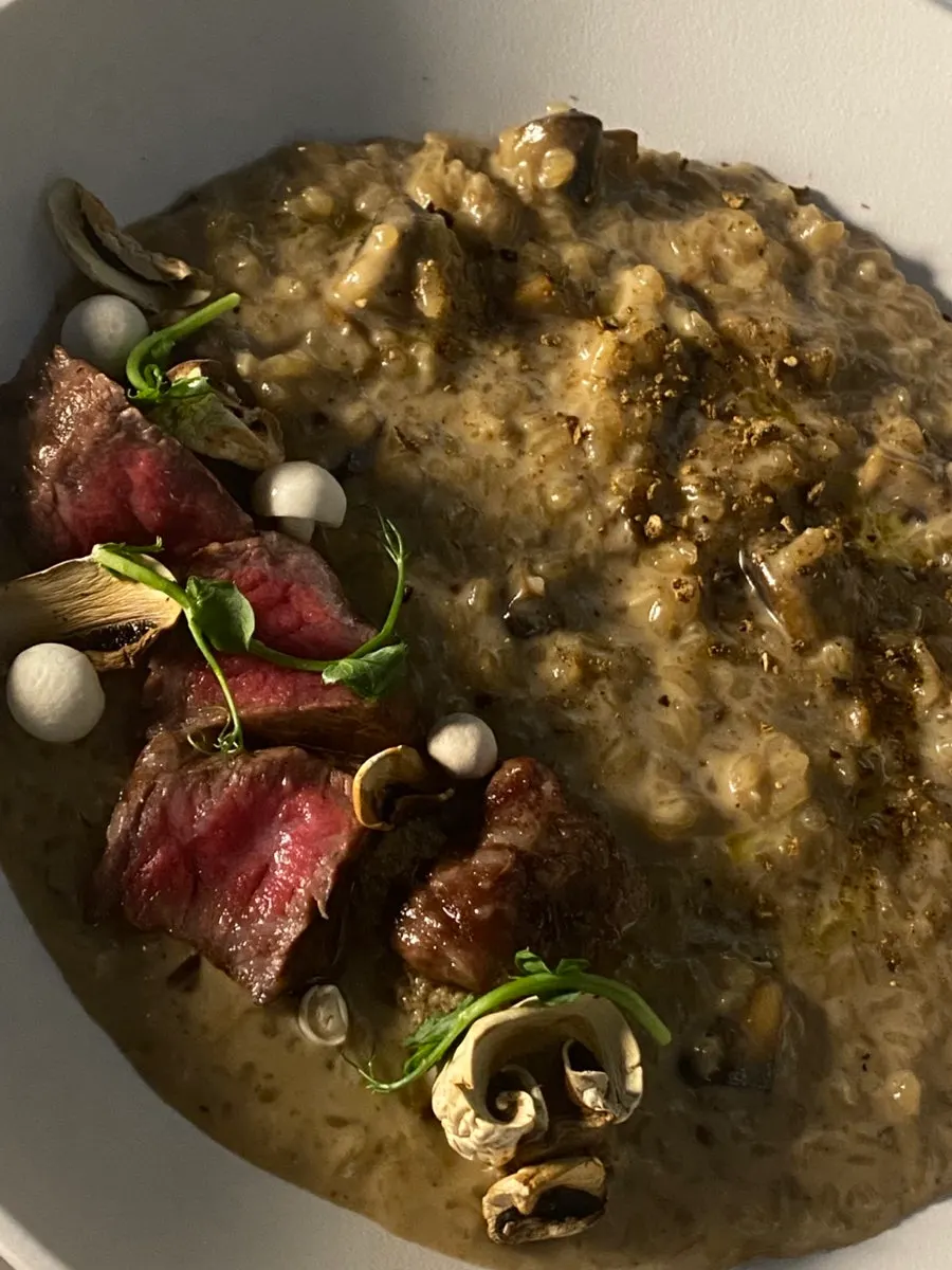 Risotto de crema de hongos trufa con bistec de hanwoo