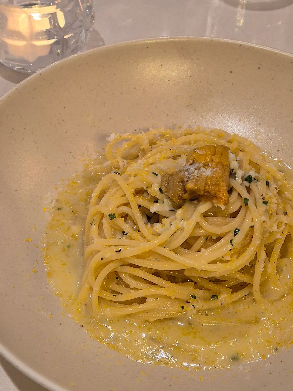 Uni pasta topped with sea urchin and bottarga