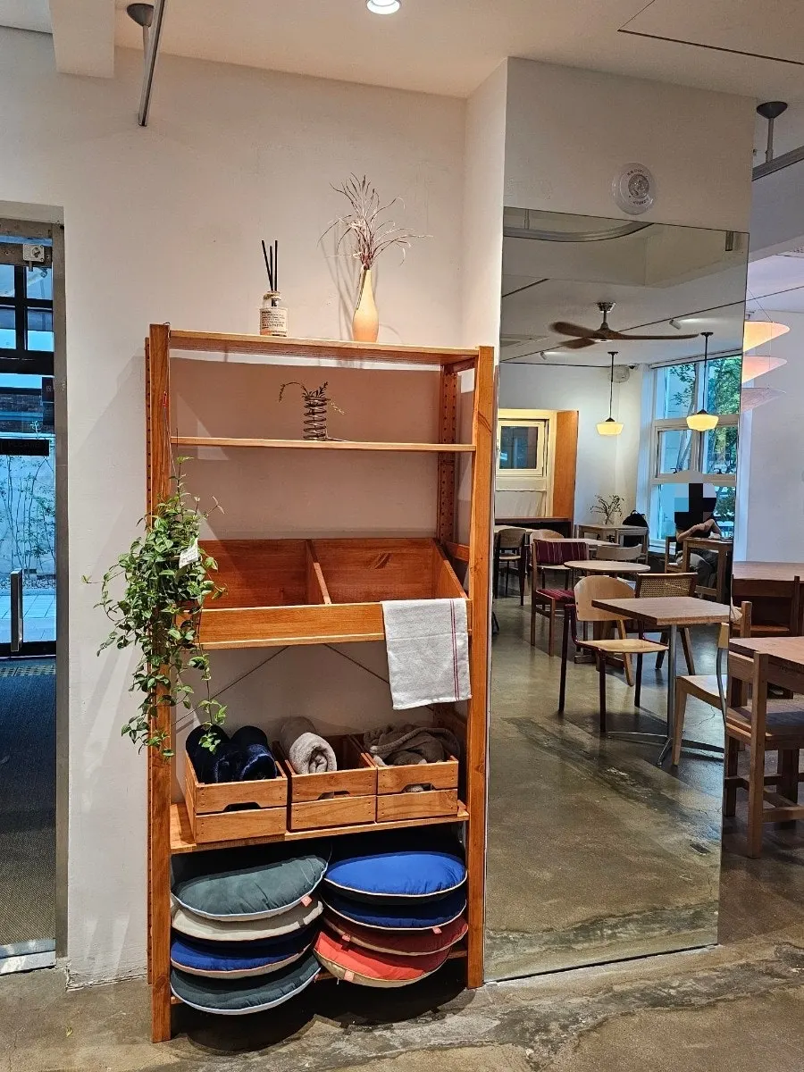 A corner of the café with essays and novels on display