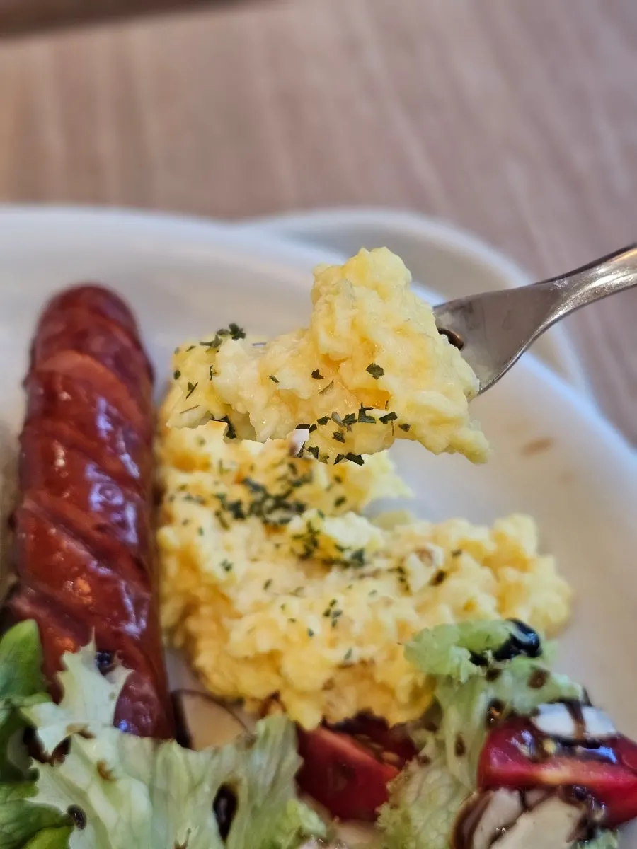 Close-up of soft scrambled eggs