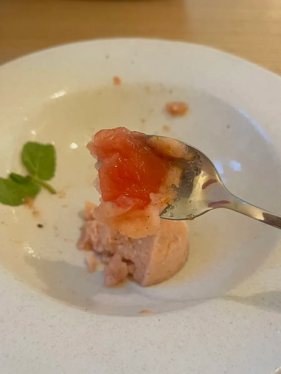 Close-up of the pink basil tomato sorbet