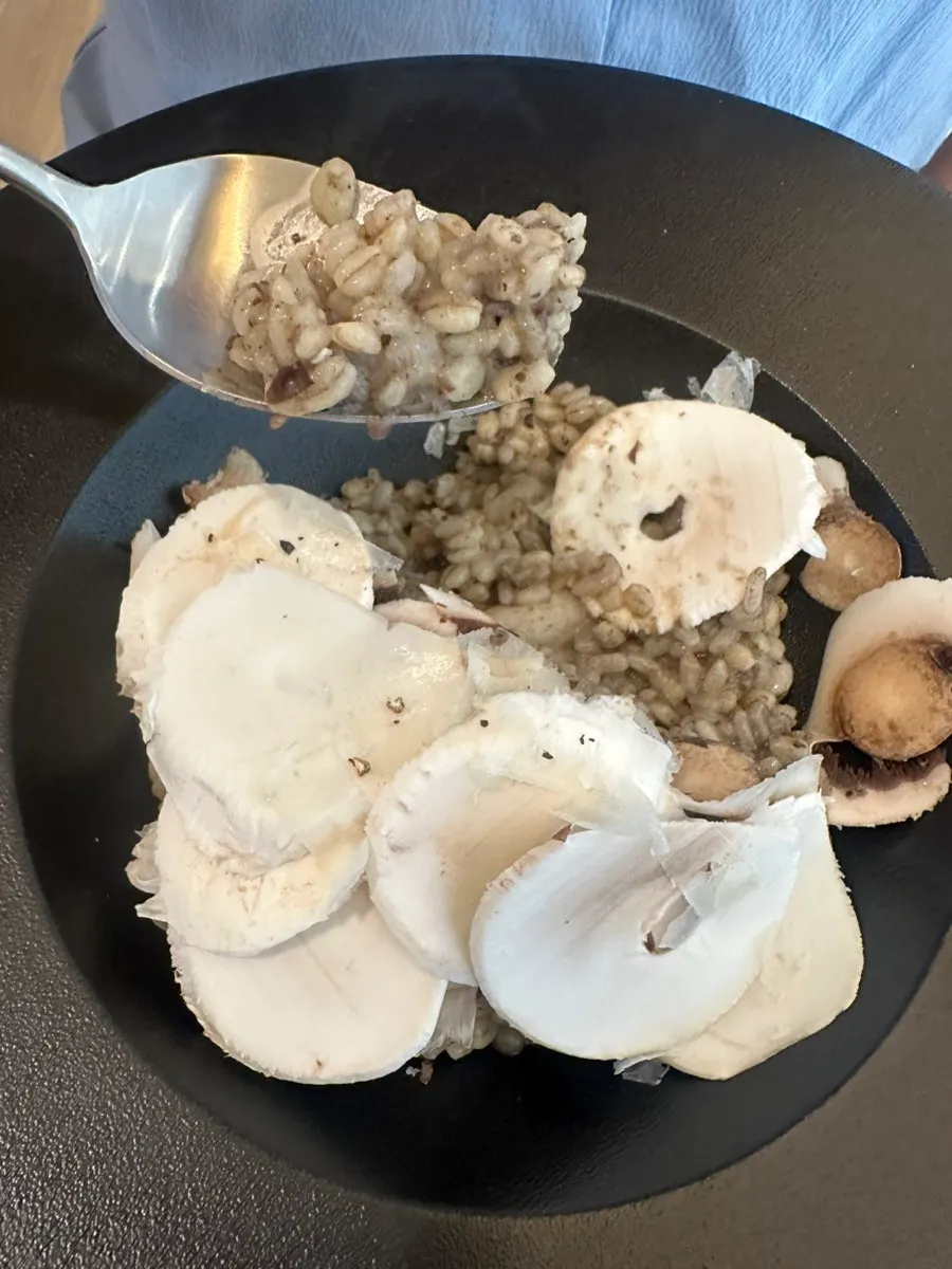 A spoonful of truffle risotto with mushroom on top