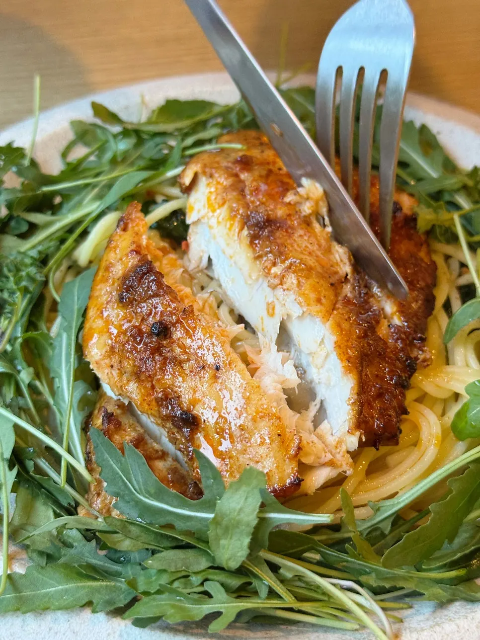 A plate of the signature mackerel pasta