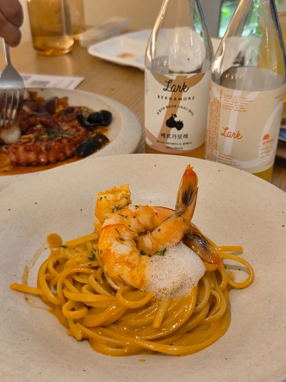 Close-up of the rich shrimp-sauce bisque pasta