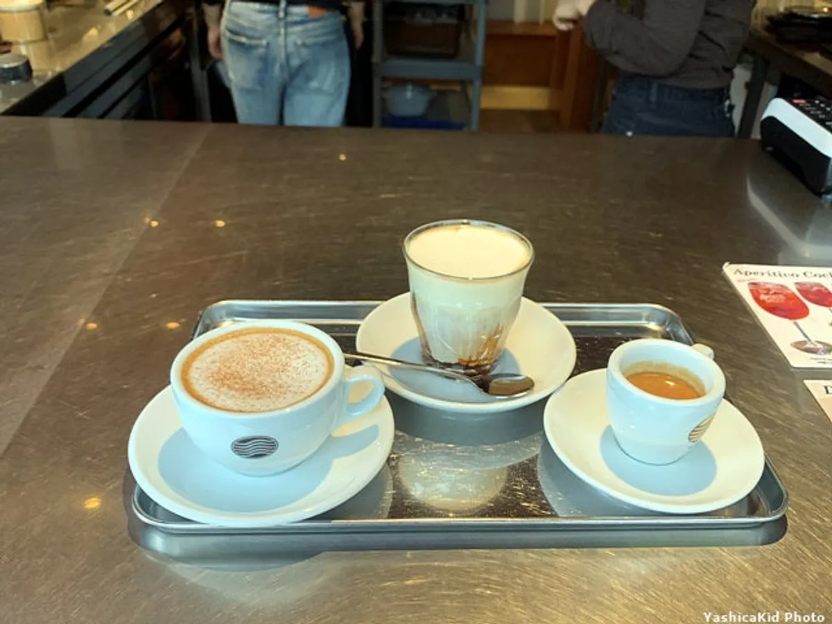 Three cups of coffee: espresso, decaf cappuccino, and Pip Coffee