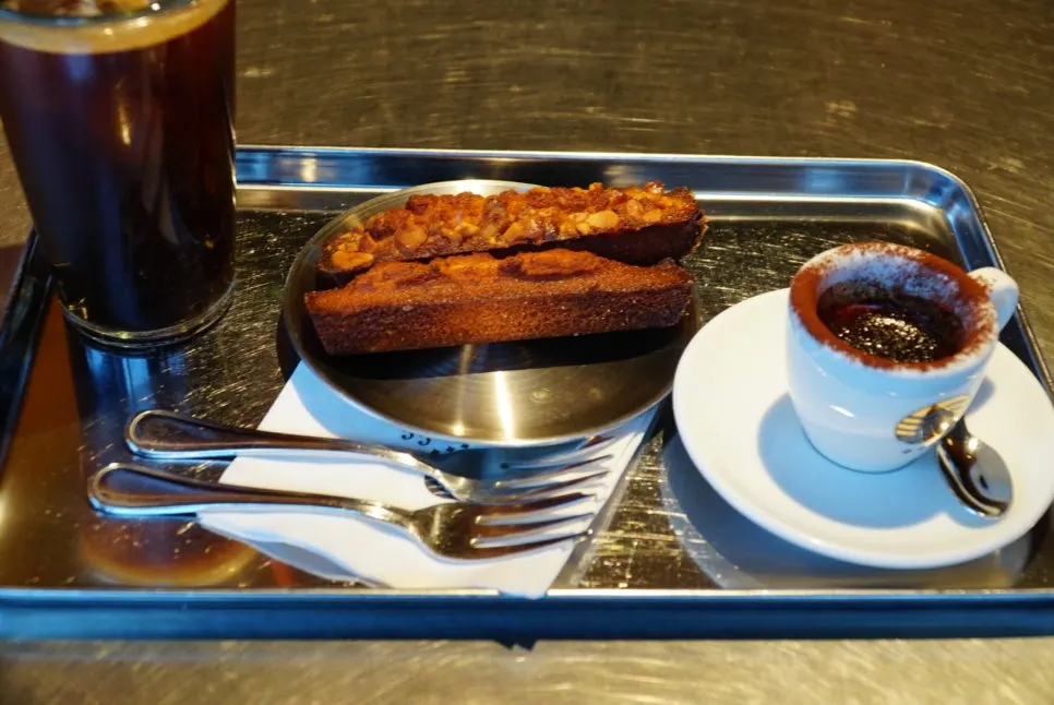 Coffee and financier order set at Pip Espresso Bar
