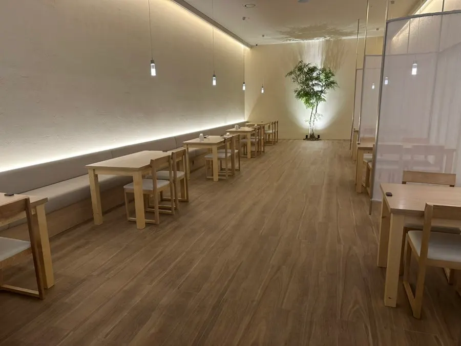 Wood-toned interior and lighting