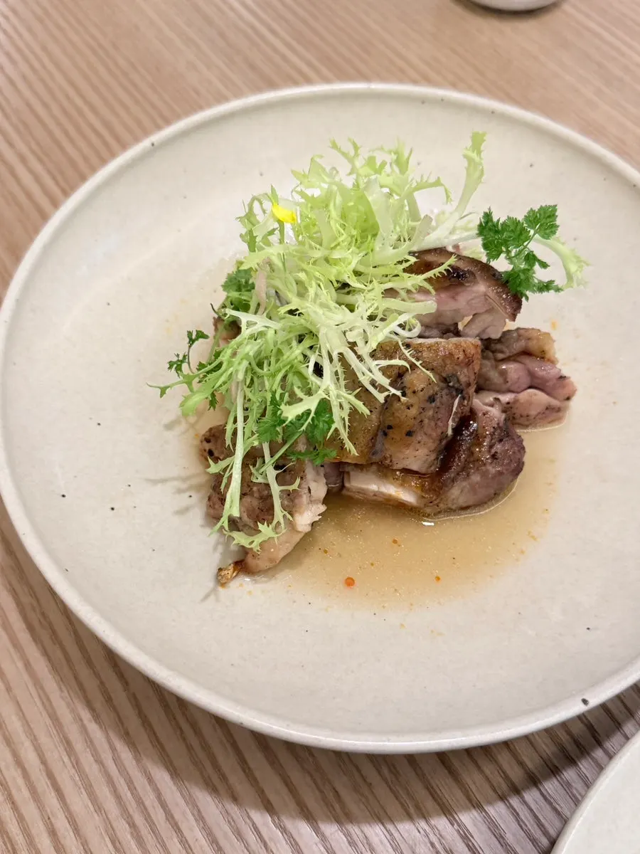 Close-up of the grilled chicken thigh browned on the outside