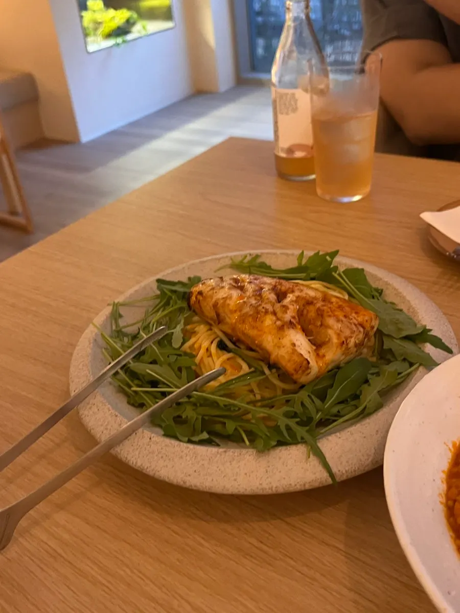 Plating of Pyu Euljiro's mackerel pasta