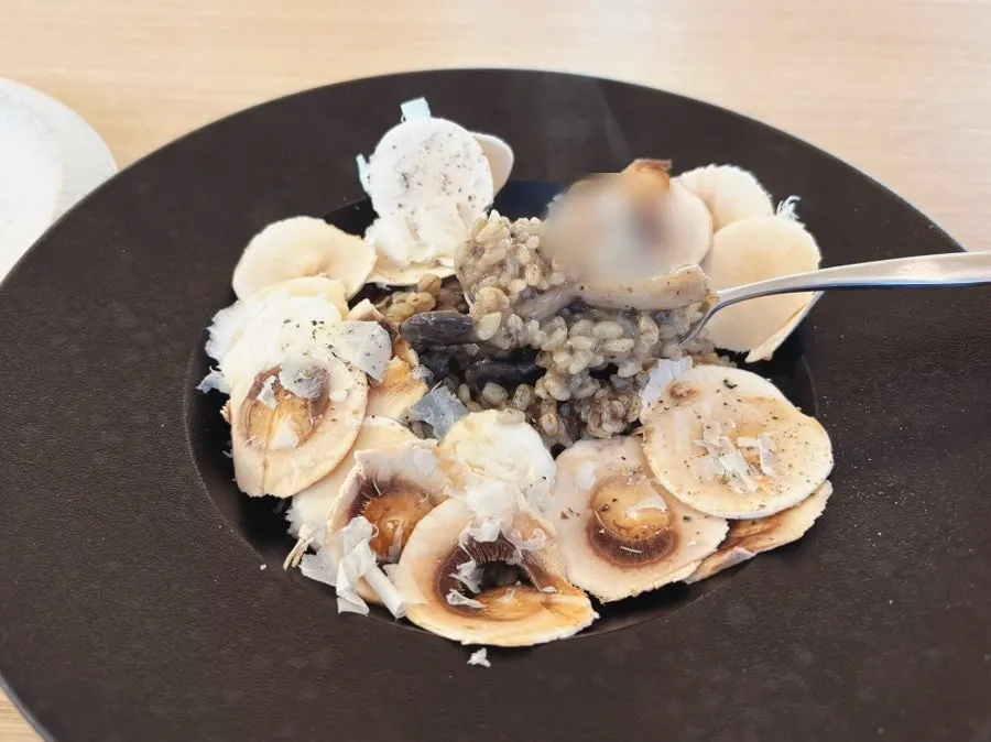 Close-up of risotto topped with three kinds of mushrooms