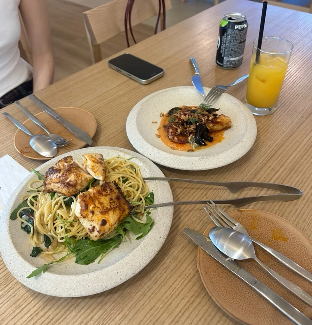 Mackerel pasta plate cut into bite-sized pieces