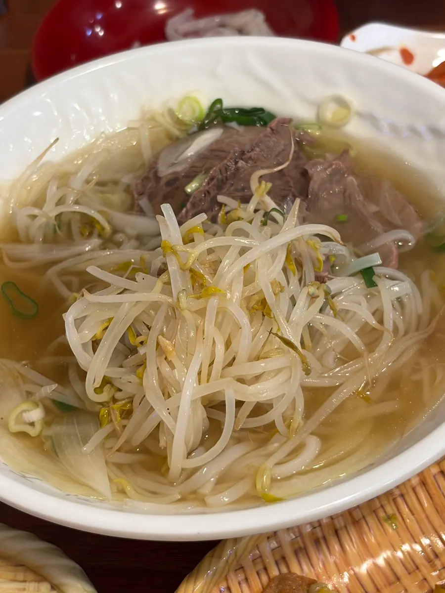 Pho topped with large chunks of brisket