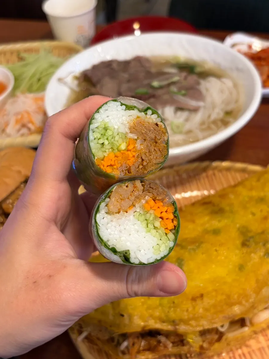 Phodam's fresh spring rolls wrapped in plastic