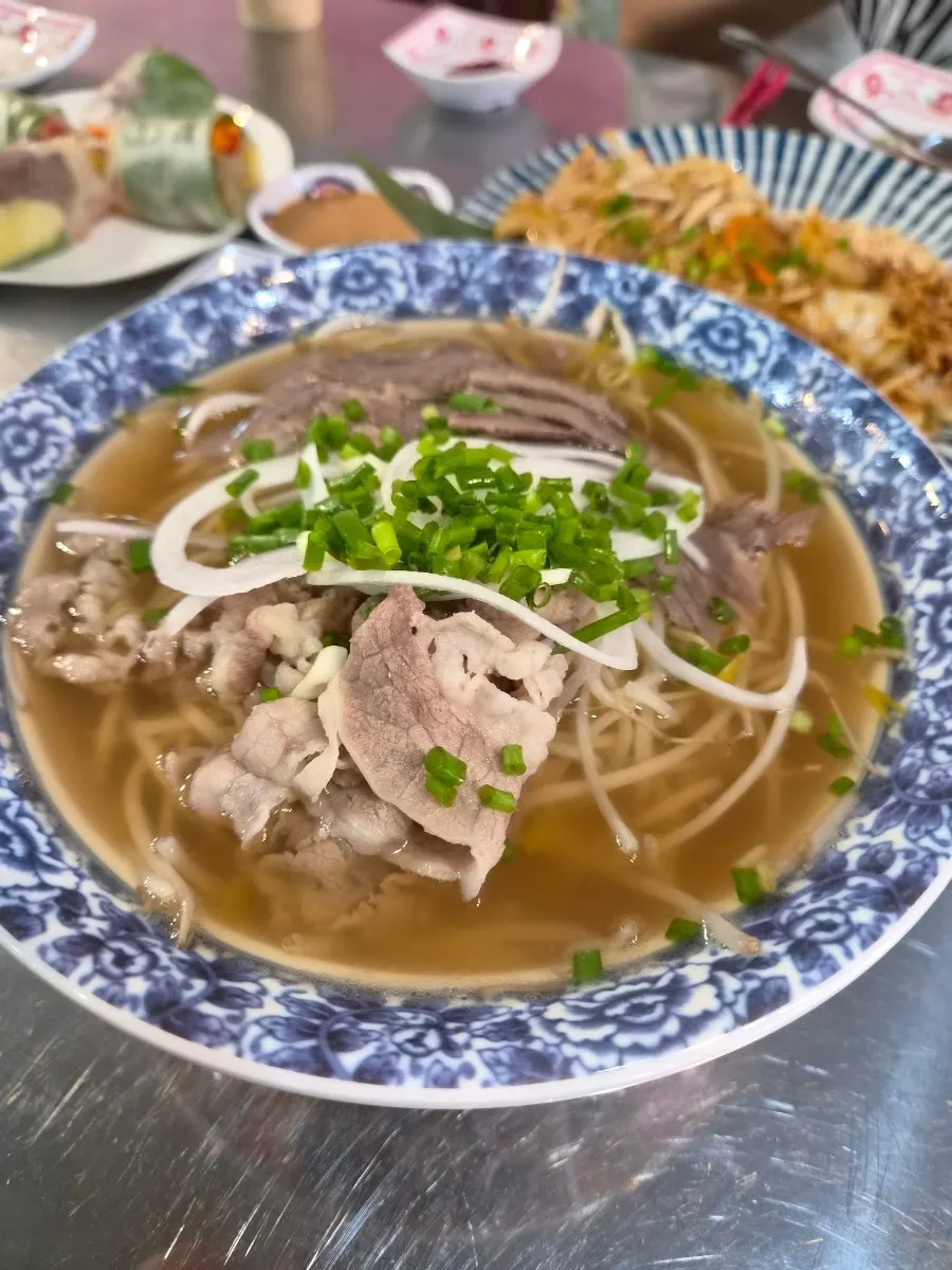 Close-up of pho topped with thinly sliced meat