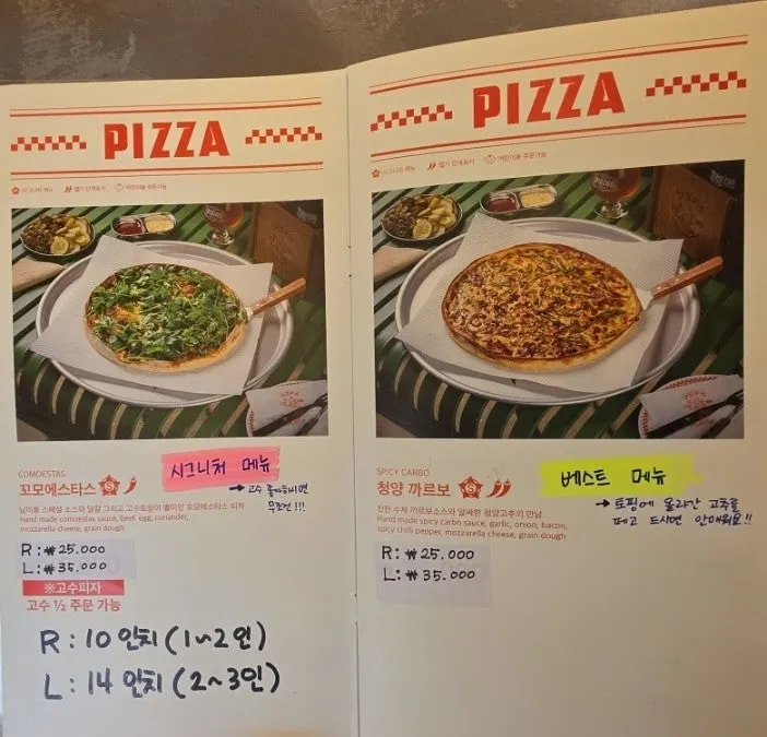 Handmade pizza menu board at Pibing Paldang Branch