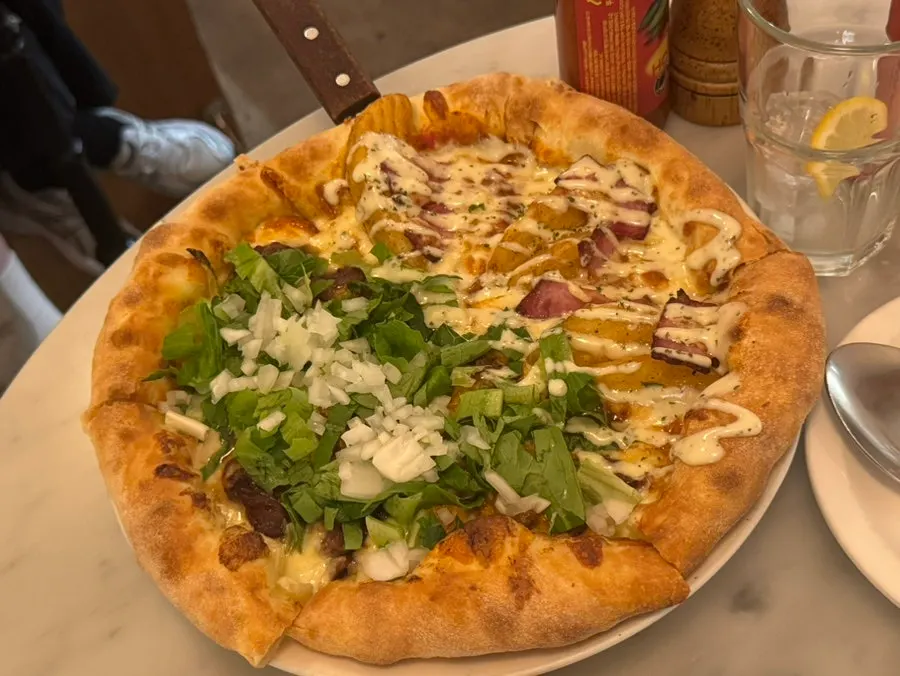Whole potato and beef cheeseburger half-and-half pizza
