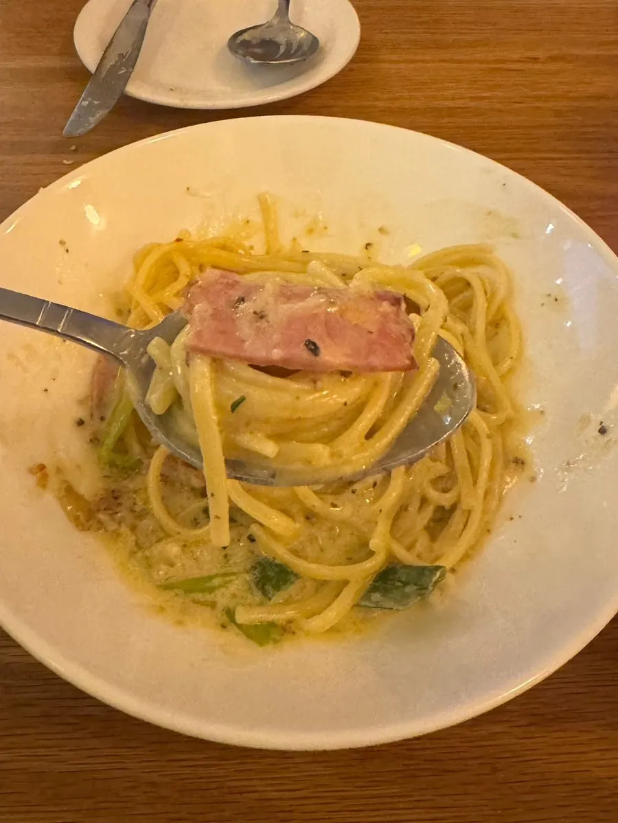 Cream pasta noodles twirled on a fork